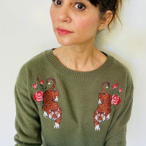 Adam Levine Olive Green Pull over Sweater with Tiger Tattoo Embroidery